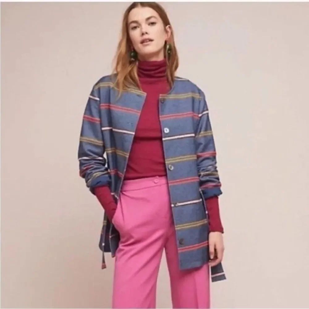 Dolan Blue Multi Color Stripe Design Button Closure Tie Waist Jacket Casual Boho